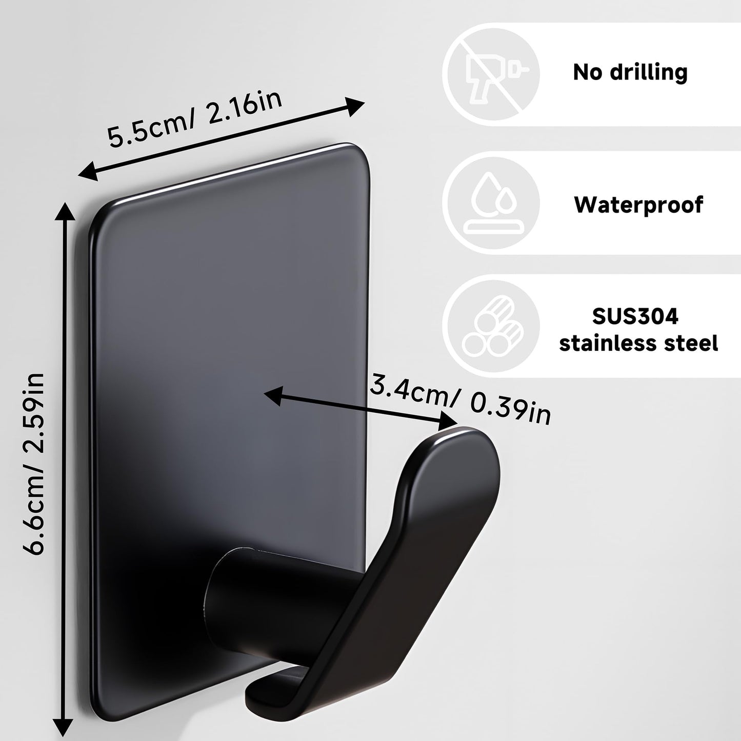 Taozun Towel Hooks Bathroom/Adhesive Towel Hooks - 4 Pack Black Hooks for Towels, Wall Hooks for Bath and Kitchen, Stainless Steel