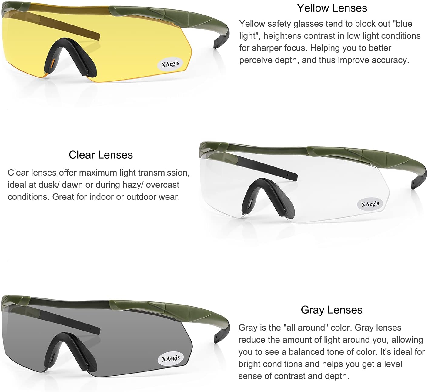 Xaegistac Tactical Shooting Glasses - High Impact Eye Protection with 3 Interchangeable Lenses