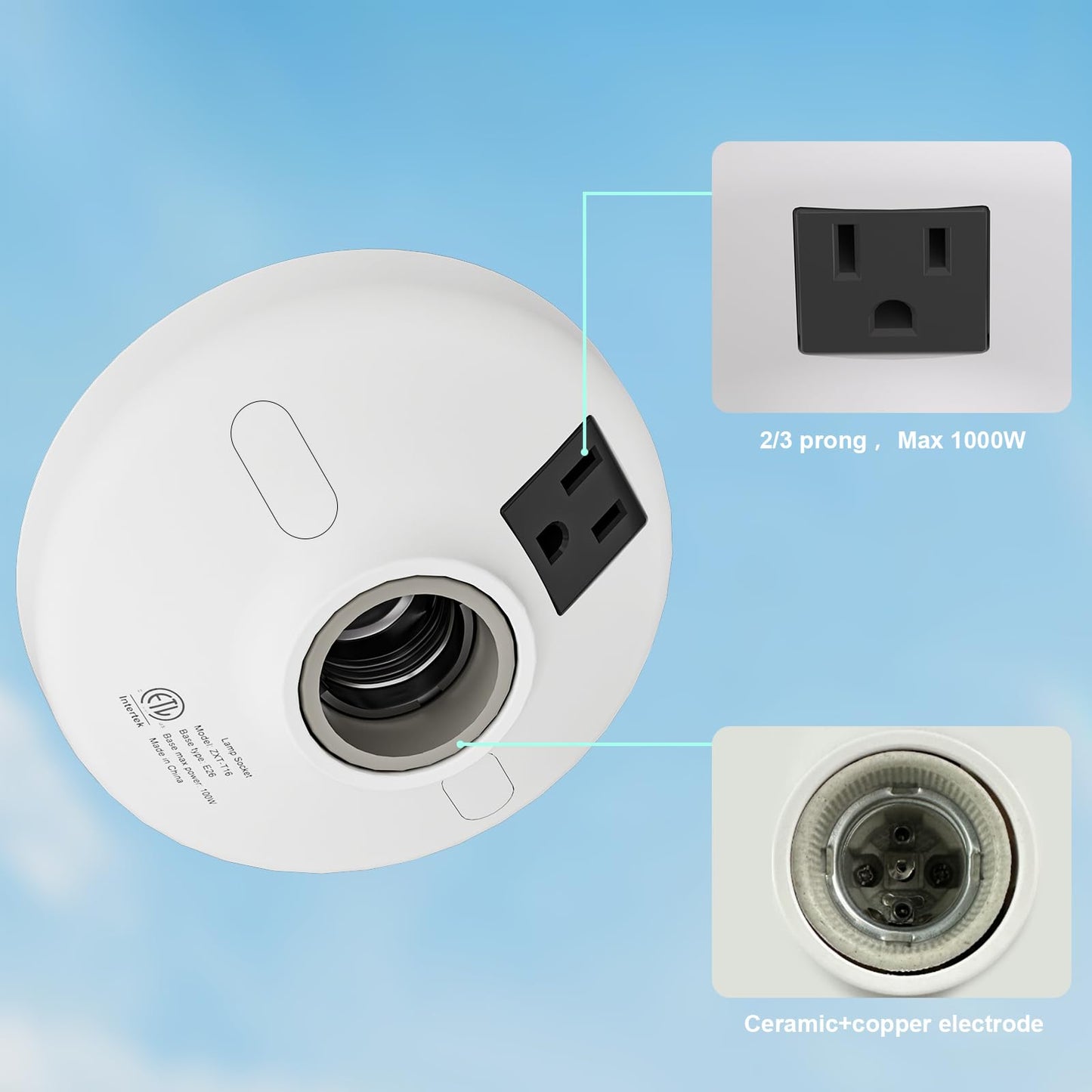 2-in-1 Light Socket Adapter with Outlet - E26/E27 Bulb to Power Outlet Converter,Grounded Plug, 3-Prong US Plug for Cameras, Projectors, Smart Devices