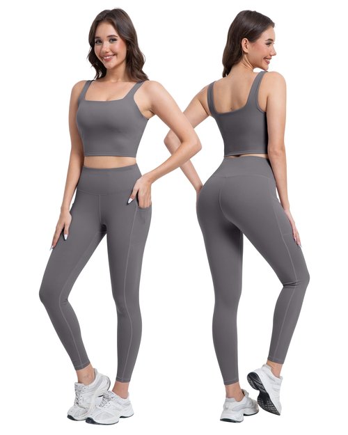 SALSPOR 3 Piece Workout Sets for Women High Waisted Leggings with Pockets Tummy Control Biker Shorts Yoga Sports Bra(3YFTZ-Gray-M)