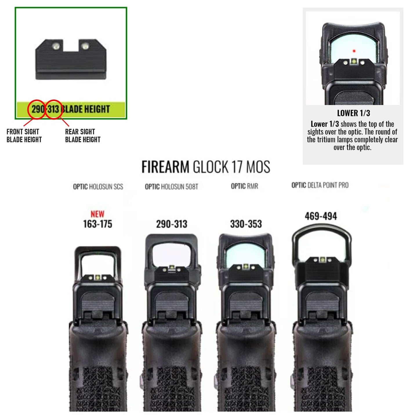 Night Fision Optics Ready Stealth .290-.313 Night Sight Set Compatible with Glock 17/19/34, Black Front Ring, Blank Rear Sight