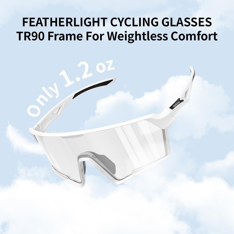 Veltuno Photochromic Cycling Sunglasses for Men Women Youth, UV Protection Sports Sunglasses for Baseball, Running, Driving (White Frame/Revo Clear Lens)