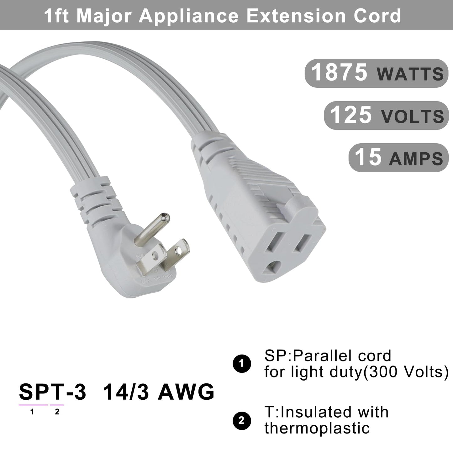 KUNCAN Appliance Power Extension Cord - 3 Prong Flat Wire SPT-3 14 AWG Heavy Duty Male to Female Extender Low Profile Grounded Cable for Major AC Unit, Air Conditioner, Refrigerator (1 Feet)