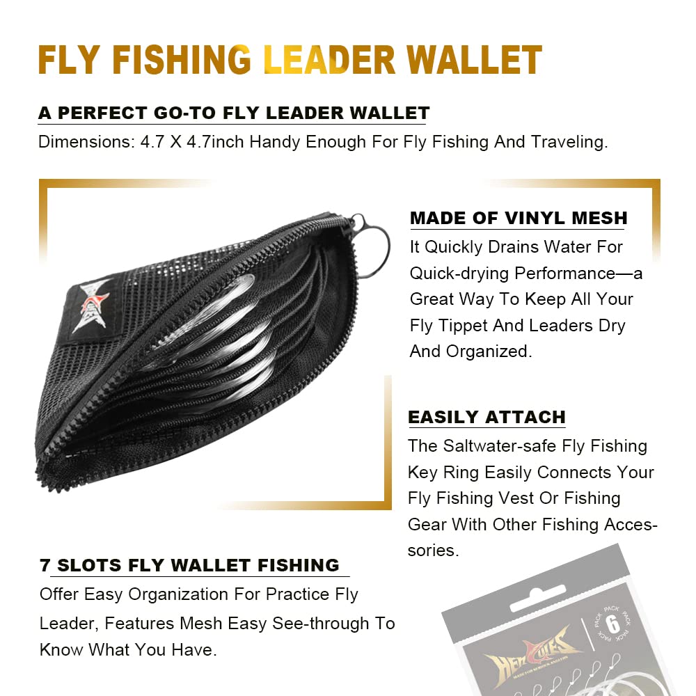 HERCULES Pre-Tied Loop Fly Fishing Leader 6 Pack with Tapered Leader Wallet, 9FT - 3X 4X 5X