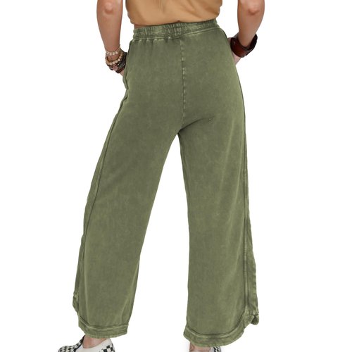 Hixiaohe Women's Casual Wide Leg Sweatpants High Waist Baggy Acid Wash Pants Drawstring Athletic Palazzo Pants with Pockets(Army-Green,M)