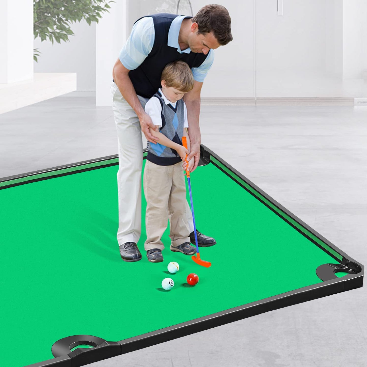 GOODLYSPORTS Pool Golf Indoor Family Game with Putting Mat 69.3 L x 57.5" W, Includes 2 Clubs, 16 Ball, 6 Holes, Golf Putting Mat Indoor Golf Game, Putting Green, Golf Games for Adults Indoor