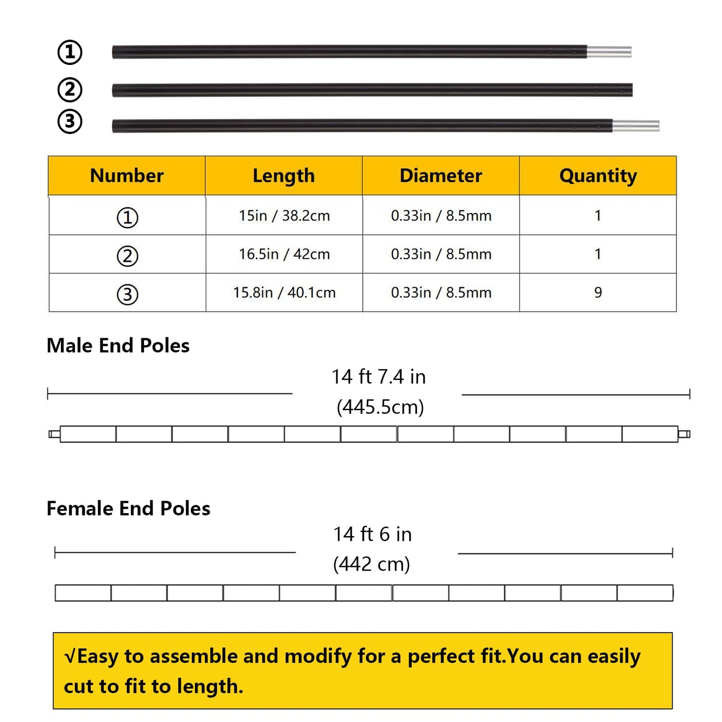 Hibinew Aluminum Tent Poles Replacement, Pre-Assembled, Fits Both Female and Male Ends, 7001 T6 Lightweight, Black, 14ft 7.4in