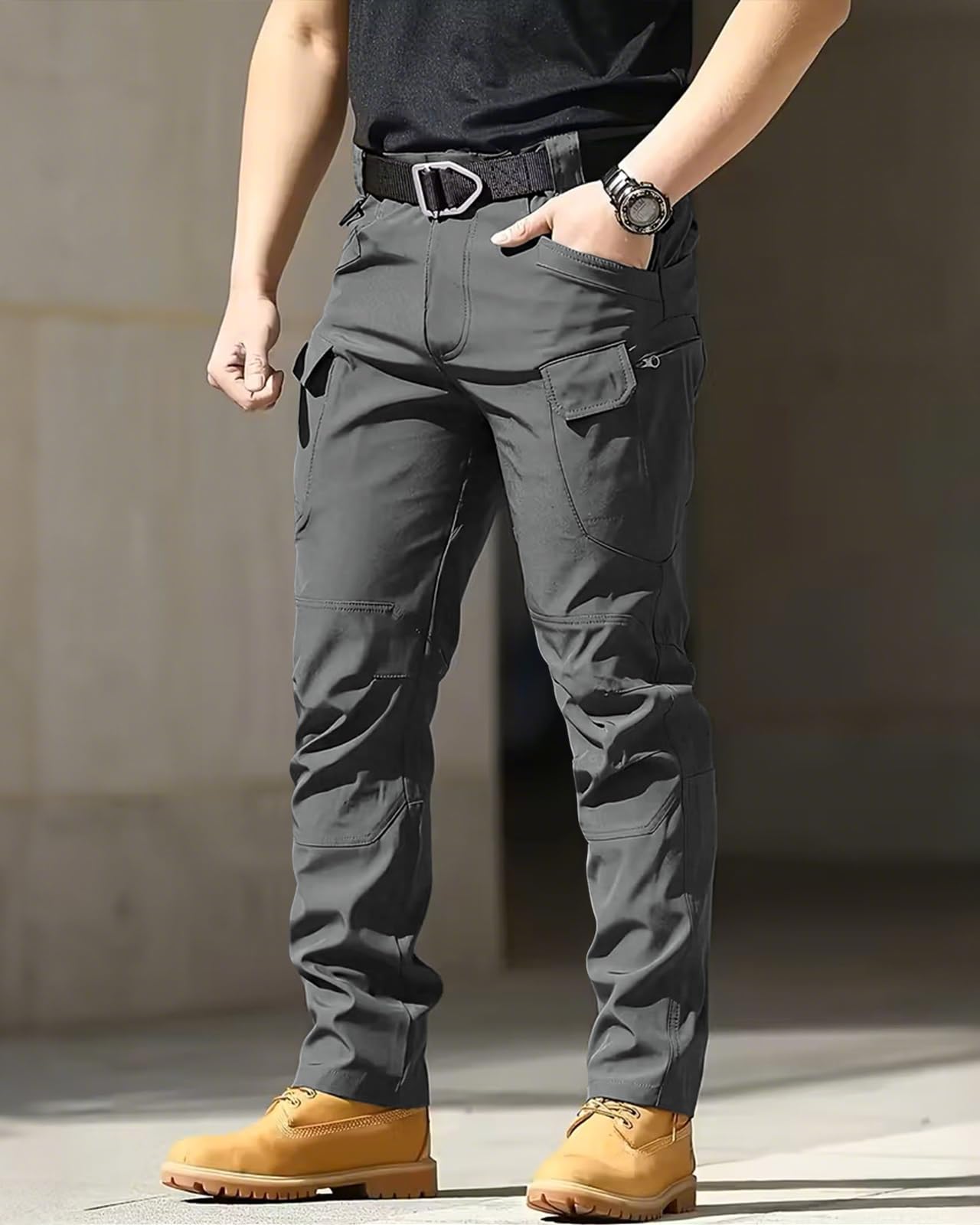 whox Men's Cargo Tactical Pants Work Hiking Trousers Waterproof Lightweight Elastic Waist for Travel with Pockets(No Belt) Dark Grey