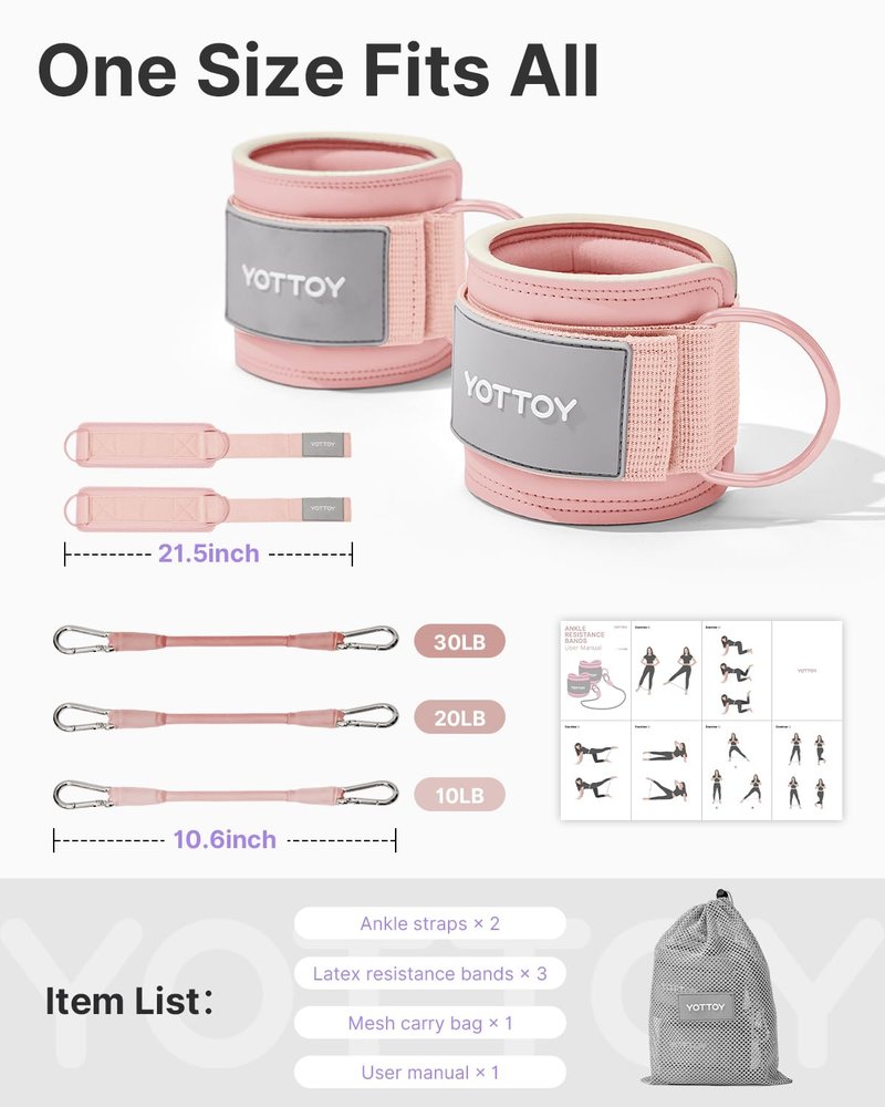 YOTTOY Ankle Resistance Bands with Cuffs, Adjustable Ankle Straps for Leg & Glute Workout, Butt Exercise Bands for Cable Machines Women, Perfect for Hip Fitness & Booty Training (Pink)