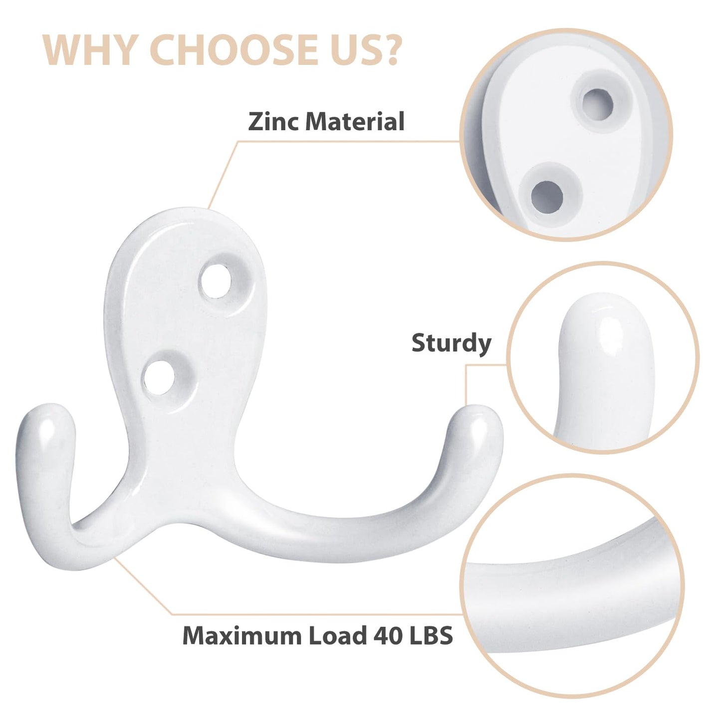 Homanu 14 Pack Coat Hooks, Heavy Duty Double Prong Coat Hooks Wall Mounted with 28 Screws, No Rust White Metal Wall Hooks for Hanging Towel, Coat, Bag, Hat, Cup, Key