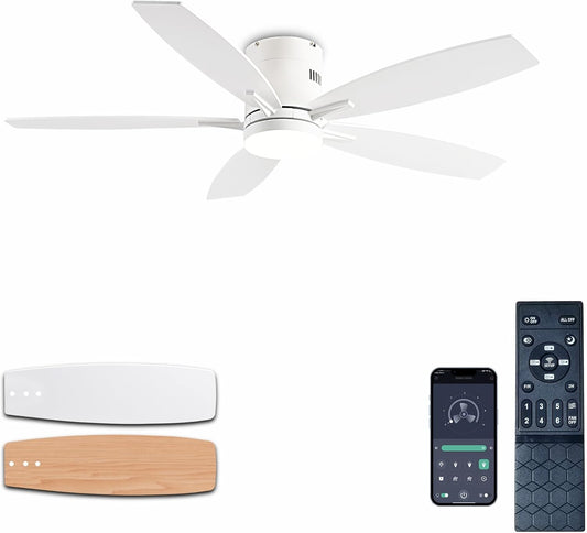 52" Low Profile Ceiling Fan with Lights & Remote Control - Dimmable, Noiseless, Reversible - White Indoor/Outdoor Fan for Bedroom