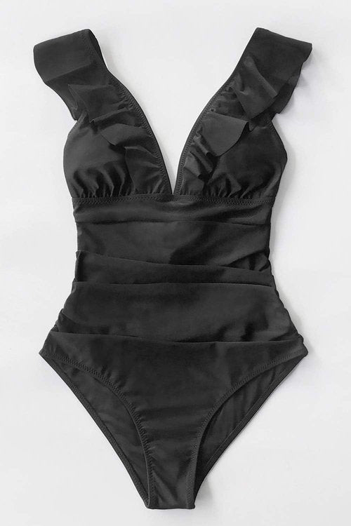 CUPSHE Ruffled One-Piece Swimsuit - V-Neck Design with Lace-Up Detail | Stylish Summer Swimwear