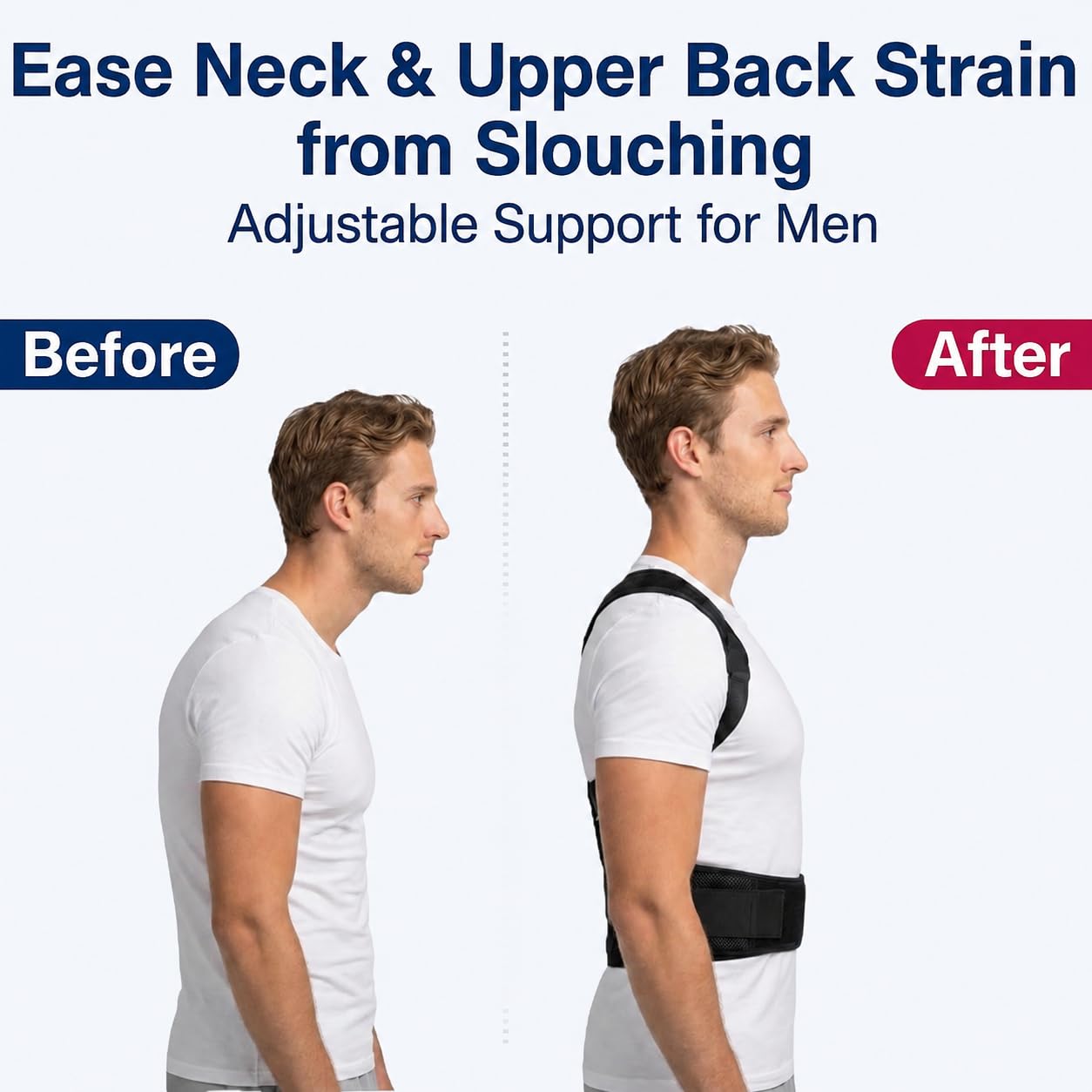 Back Posture Corrector Brace for Men, Back-Anchored Shoulder Support, 3.1-Inch Wide Straps, Adjustable Upper Back Straightener & Lower Spine Support to Help Reduce Slouching, Wear Under Clothes