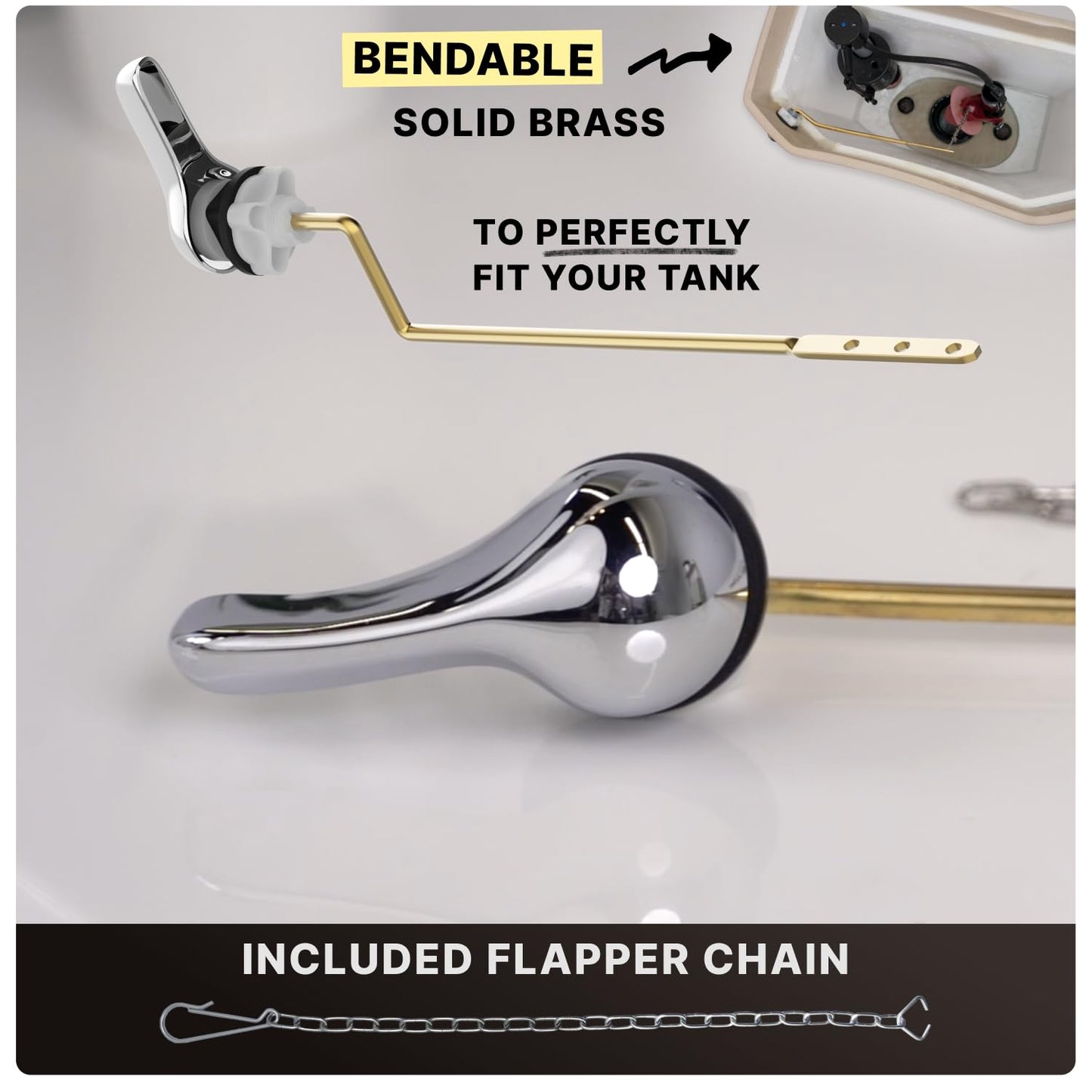 Mesora Universal Metal Side Mount Toilet Handle Replacement Kit with Flapper Chain, Pure Brass and Aluminum, Compatible with Most Toilets - Chrome