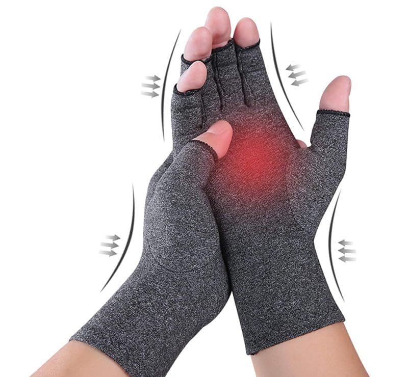 Compression Arthritis Gloves - Fingerless Pain Relief Support - Grey, Large