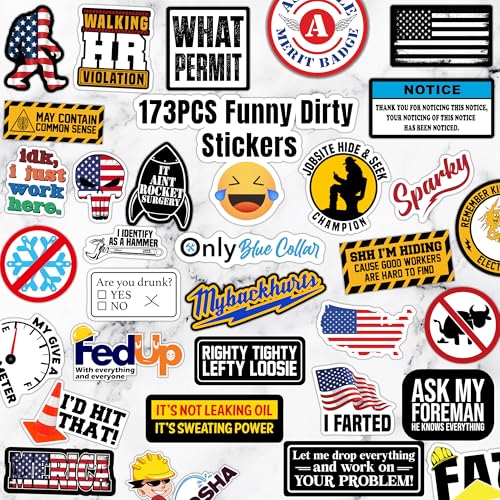 173 PCS Hard Hat Stickers for Adults - Funny (Dirty) for Water Bottle, Laptop, Helmet, Cars, Tool Box, Cars - Blue Collar Stickers for Men, Waterproof