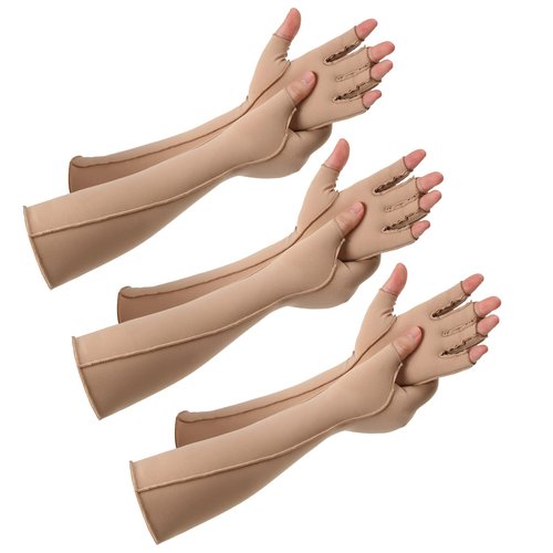 Janmercy 3 Pairs Arthritis Compression Gloves for Women and Men Carpal Tunnel Pain Relief, Rheumatoid, Swelling Tendonitis(Extended,Nude)