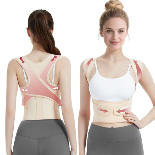 LuxuMach Posture Corrector for Women & Men, Full Back Brace Support with Adjustable Shoulder Straightener, Lower & Upper Back Pain Relief - Scoliosis, Hunchback, Spine Corrector (Beige, Medium)