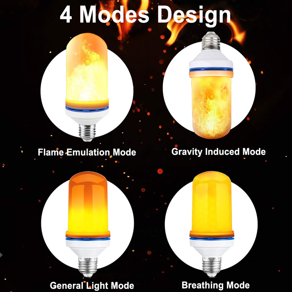 YIZCO Flame Effect Bulb with Gravity Sensor Realistic Flickering Fire & Upside Down Effect, 4 Lighting Modes, E26 Base - for Halloween Decorations, Parties, Home Decor (4 Pack)