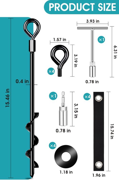 Ground Anchors | 4Pcs Heavy-Duty Screw-In Stakes with Straps - Wind Resistant for Trampolines, Tents & More (4x15in)