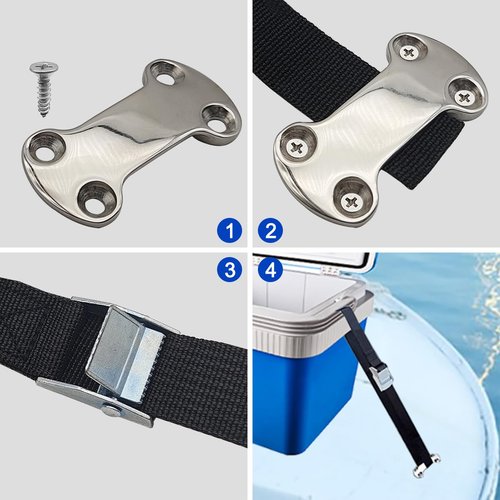 Cooler Tie Down Kit, 14 Pcs, 1"x 56"(4.7 ft) Battery Tie Down Strap with Stainless Steel Cam Buckle, Bracket and SS Screws, Fixed Straps for YETI and RTIC Coolers to Boats Luggage Belt Cars Truck Bed