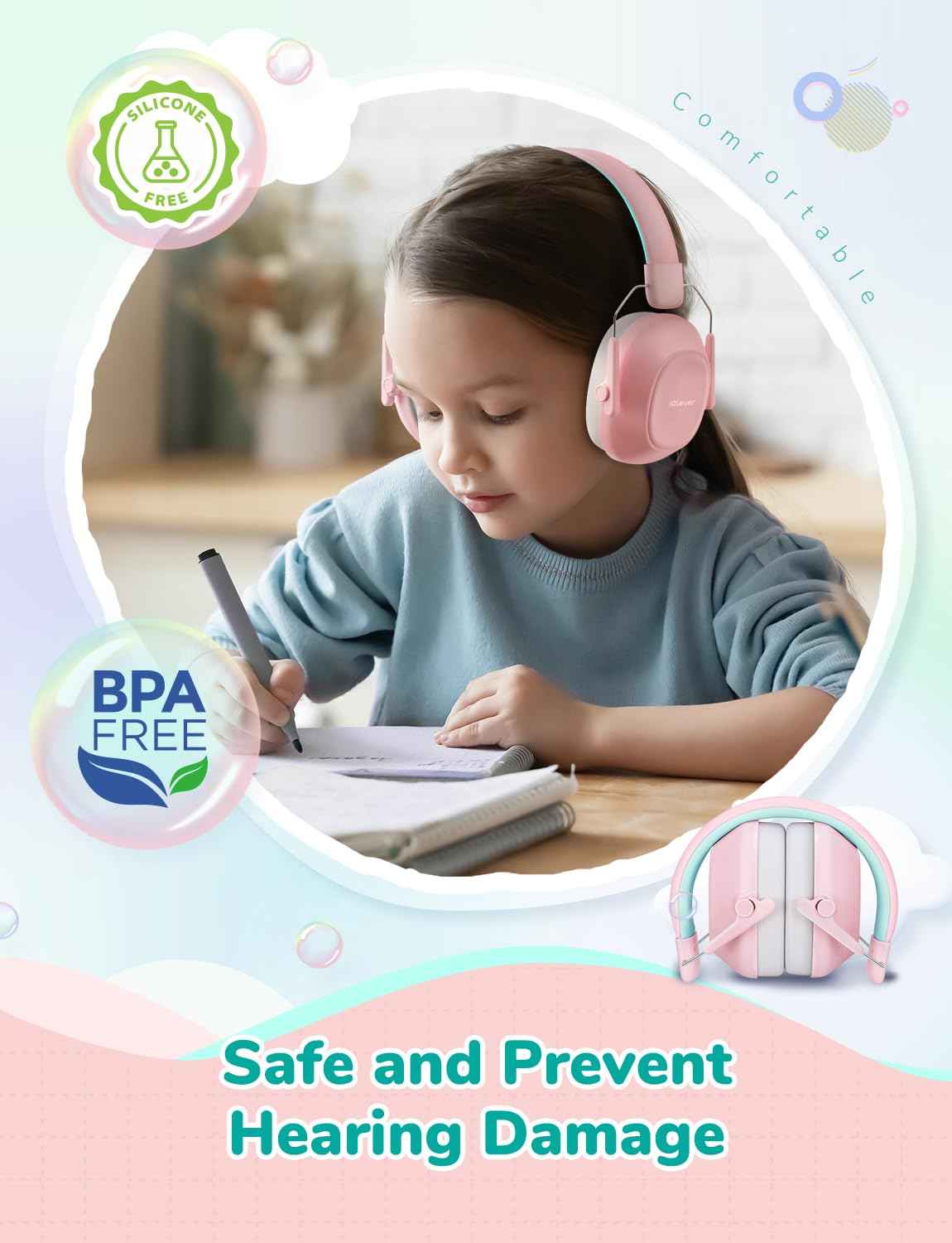 iClever Noise Cancelling Headphones for Kids Adults, SNR 29dB Safety Noise Reduction Ear Muffs for Autism Sensory &Concentration Aid, Ear Hearing Protection for Fireworks/Event/Monster Truck/Concert