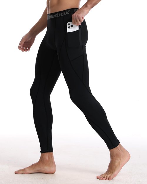 Roadbox 2 Pack Men's Compression Pants, Quick Dry Running Tights Leggings with Pockets, Athletic Base Layer for Workout Gym