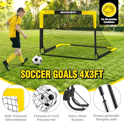 BORNEW 4' x 3' Black Yellow Kids Soccer Goal & Target Set (2 Goals, Ball, Pump, Cones) - Includes 4' x 3' Targets