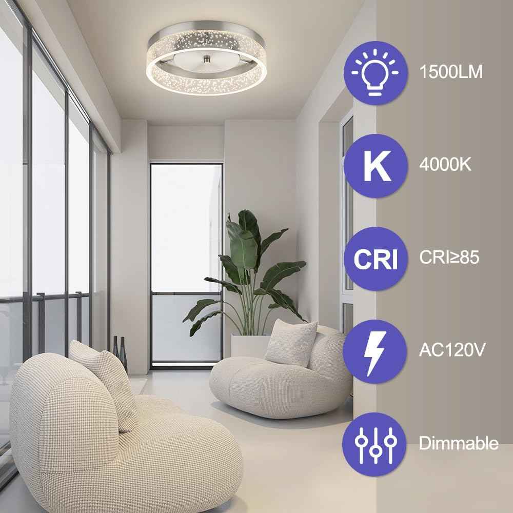 Modern 12-Inch LED Crystal Flush Mount Chandelier - Dimmable Ceiling Light for Dining Room, Bedroom & Kitchen - Brushed Nickel Finish