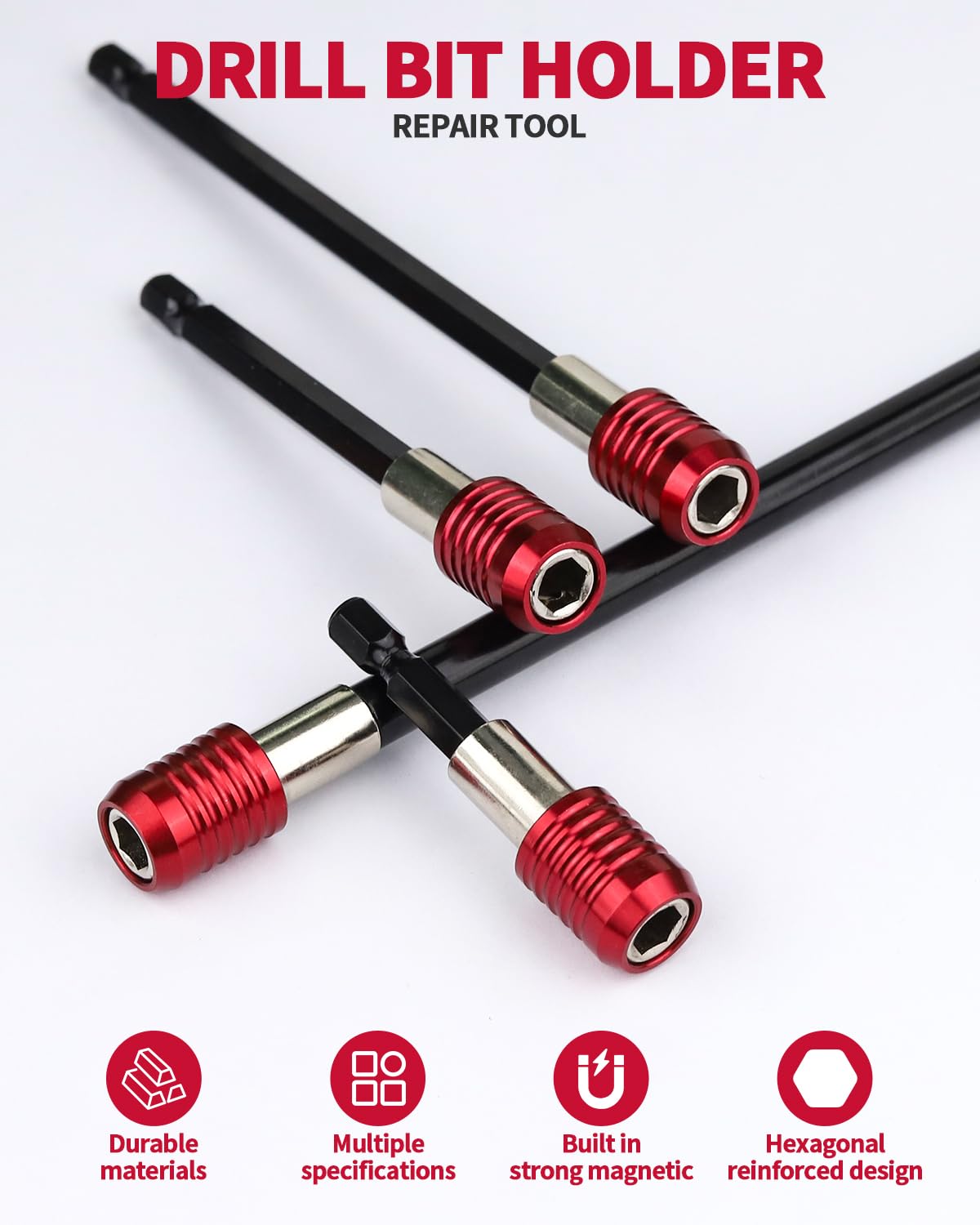 4 PCS Drill Bit Extension, 1/4" Hex Magnetic Drill Extension Bit Holder, Drill Extension for Impact Driver, 2", 4", 6", 12" Length, Durable Cr-V Steel, Perfect for Screws, Nuts and Drill Sockets