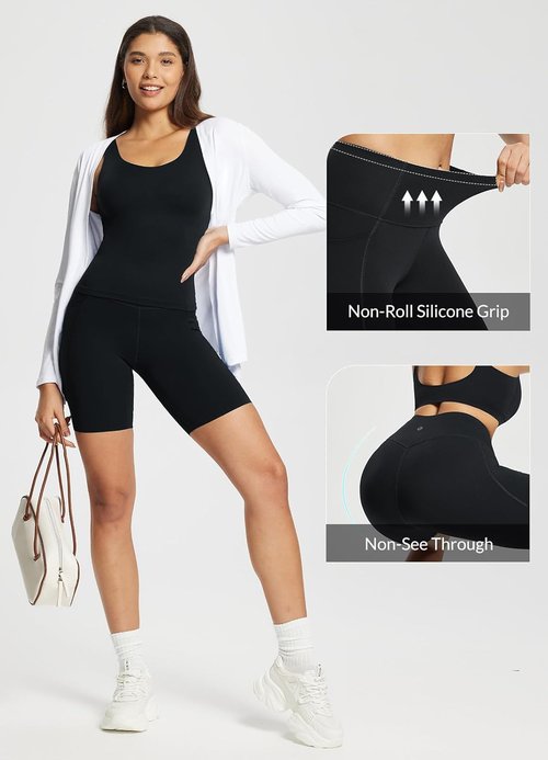 Baleaf Freeleaf Women's High Waist Biker Shorts - 8" Length with Pockets for Yoga & Gym
