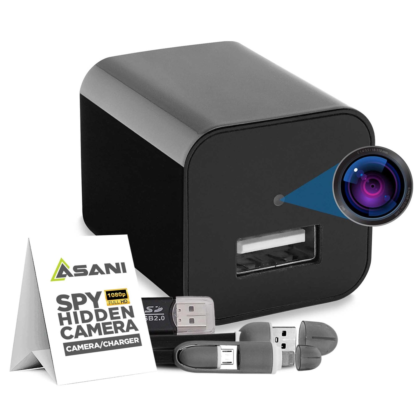 Asani Hidden Spy Camera USB Charger - Records Video ONLY - Home & Office Security Nanny Cam with Micro SD Card Slot, Motion Detection, 1080P Full HD Video, Ideal for Home Monitoring, Pets
