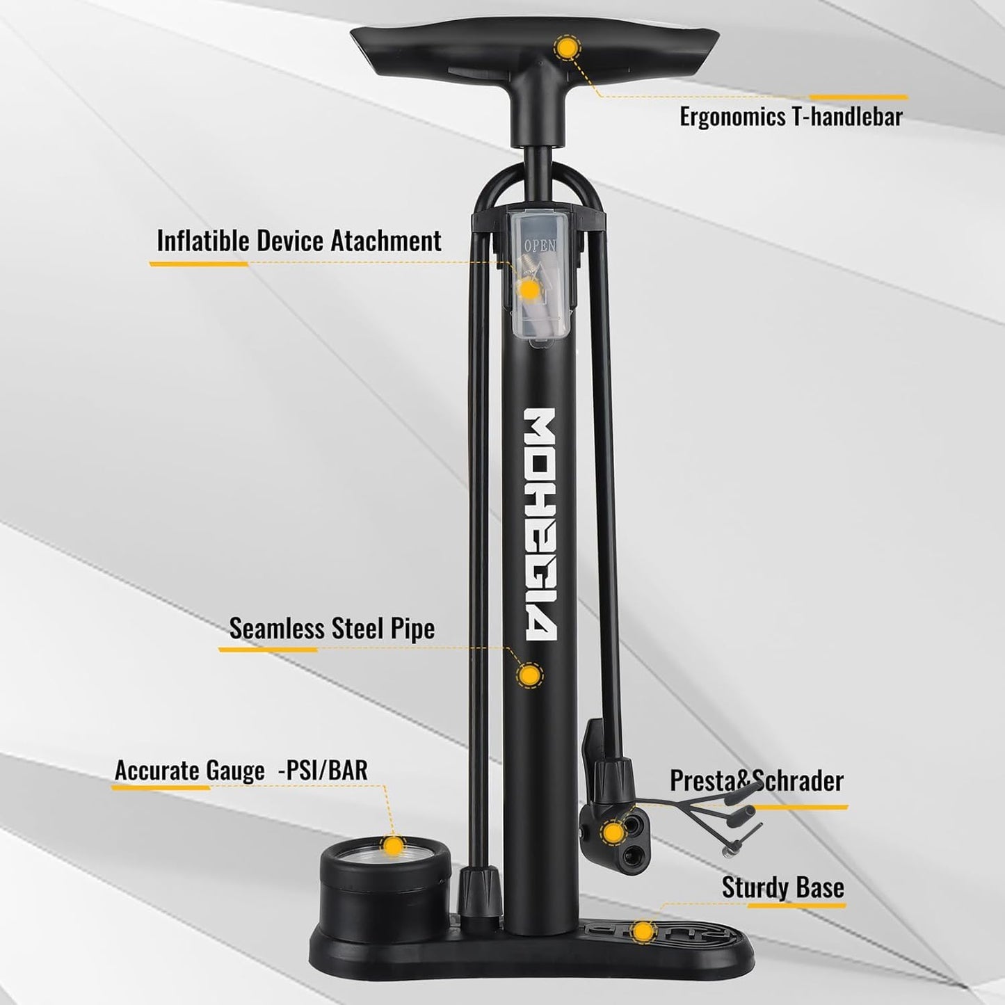 MOHEGIA Bike Floor Pump - High Pressure 160 PSI Air Pump with Gauge | Fits Schrader & Presta Valves