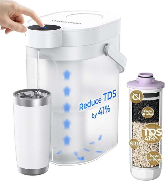 Waterdrop ED25TW Rechargeable Water Filter Dispenser, TDS Reduction，Retain Key Minerals, Instantly Improve Flavor, 15-Cup 5-Stage Portable Countertop Water Filtration System with 1 Filter, White