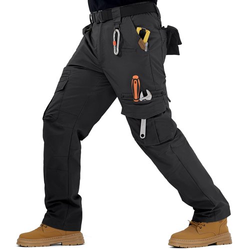 IGOLUMON Men's Stretch Tactical Pants, Breathable Ripstop Cargo Work Pants Outdoor Lightweight EDC Work Hiking Pants with 12 Pockets Black