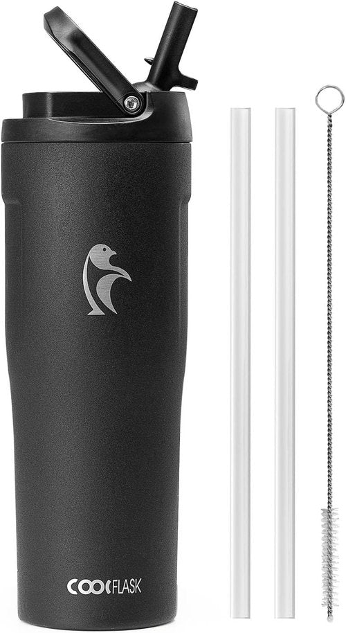 Coolflask 32 oz Water Bottle - Slim Stainless Steel Tumbler with Straw & Handle | Leakproof, Black