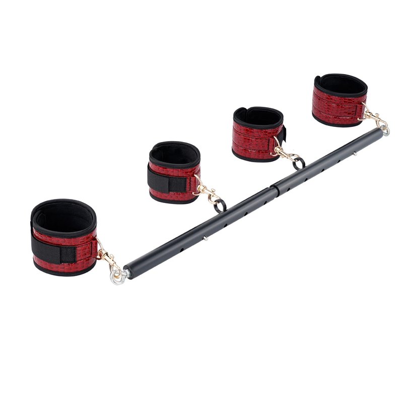 Portable Heavy Duty Stainless Steel Expandable Black Spreader Bar with 4pcs Red PU Crocodile Adjustable Straps,Workout Bar for Home Gym Training Bar,Exercise Detachable Pilates Kit