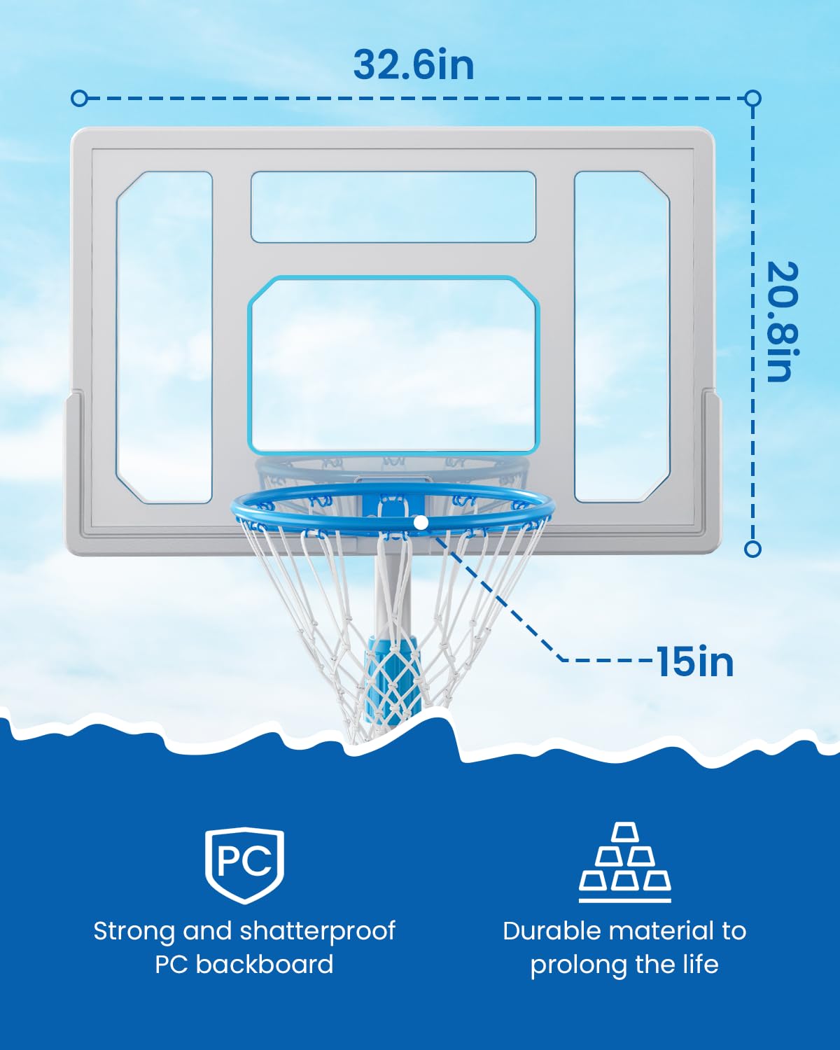 Stainless Steel Pool Basketball Hoop Poolside, Adjustable Swimming Pool Basketball Goal with 32 Inch Shatterproof Backboard, Poolside Water Basketball Hoop, 2 Balls & Pump Included (32in Pool Hoop)