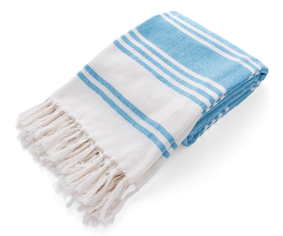 Aqua Beach Towels, 100% Cotton, Set of 2, Turkish Hammam Bath Towel, 36 x 71 Inches, Quick Drying Towels for Travel, Swimming Pool Towels, Striped Oversized Peshtemal Turkish Towel