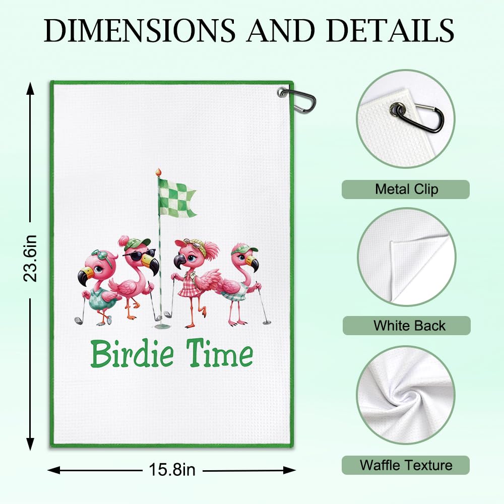 DYJYBMY Birdie Time Funny Printed Golf Towel with Clip, Novelty Golf Towels, Cute Birdie Golfer Gifts for Mom Women Aunt Flamingo Lover Golf Lover Golf Club
