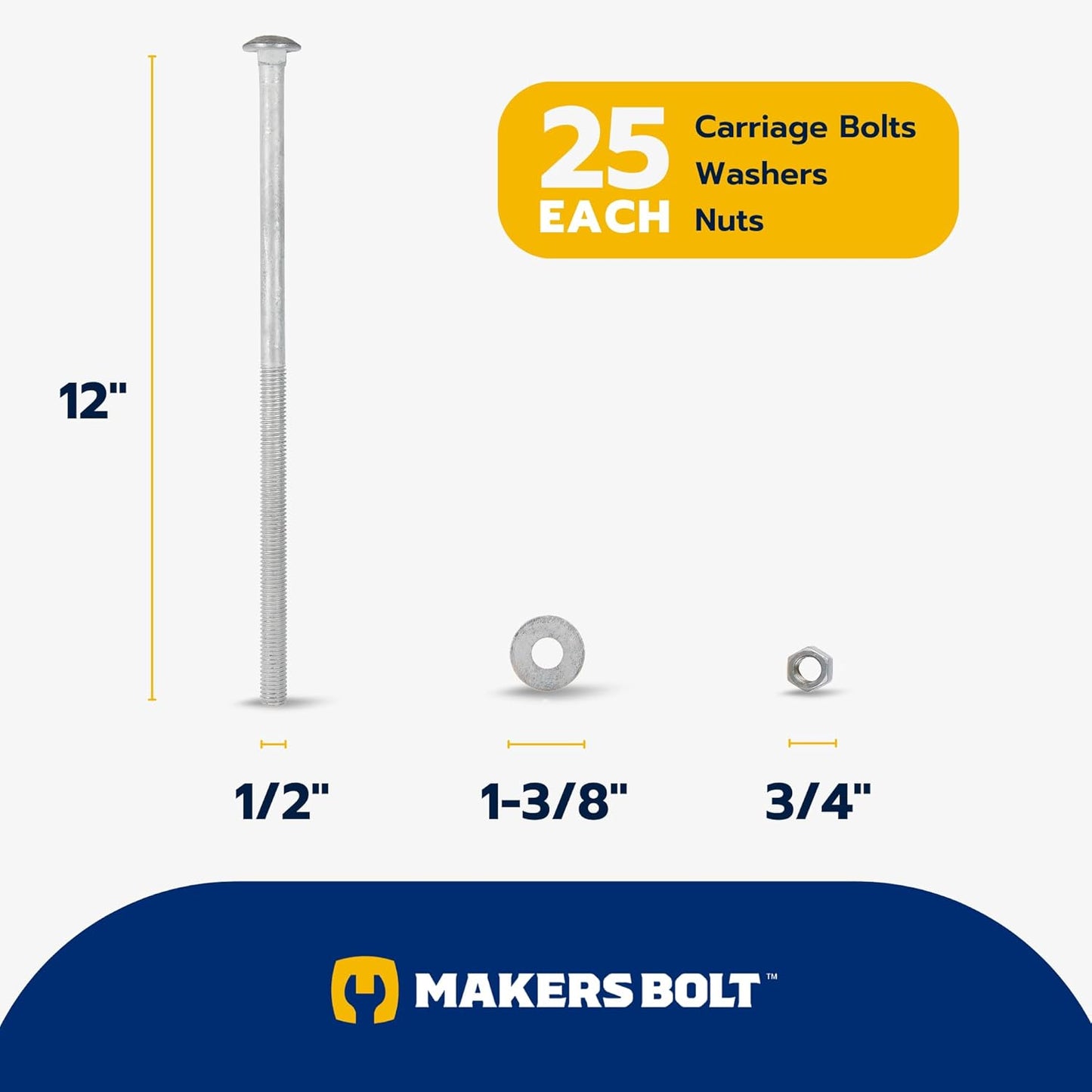 Galvanized Carriage Bolt Kit - 25 Pack 1/2" x 6" with Washers & Hex Nuts for Outdoor Use