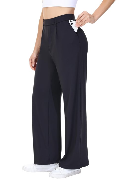 Womens Dress Pants Straight Wide Leg Work Business Casual Trousers Wear Stretchy Pull on Office Slacks Travel Yoga Sweatpants High Waisted with Pockets Tall Comfy Lounge Trendy Clothes Black 31" M