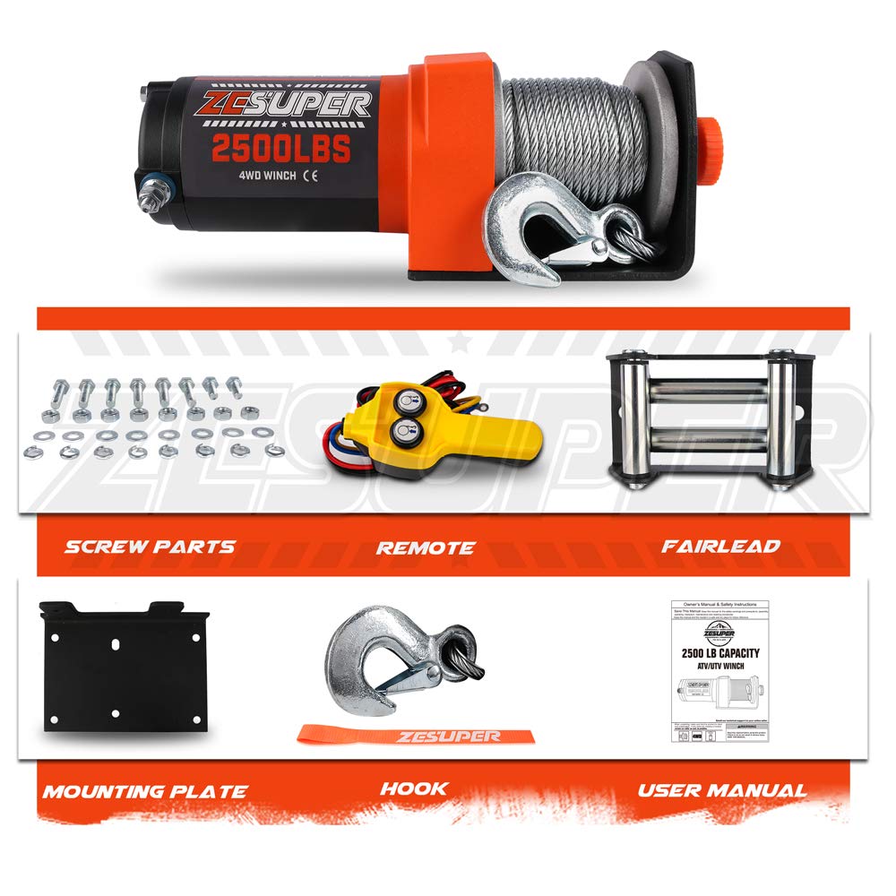 ZESUPER 2500 lb Electric Winch 50ft Steel Cable 12V DC UTV ATV Boat Trailer Winch with Handheld Remote Mounting Plate Waterproof Small Electric Winch ATV Winches Kits
