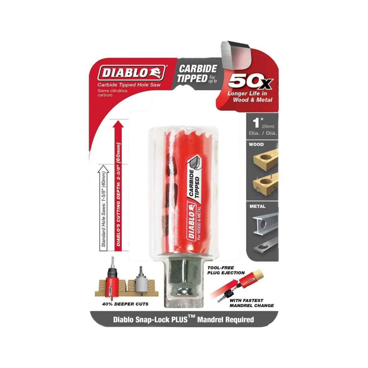 Diablo Carbide Teeth Hole Saw for Wood and Metal - Fits with Snap-Lock Plus Mandrel System, Tool-Free Plug Ejection - 1" Diameter, 2-3/8" Length - DHS1000CT