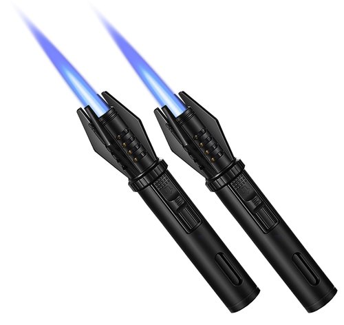 2 Pack Mini Torch Lighter Straight Flame Small Refillable Butane Lighter Pocket Windproof Jet Flame with Visual Window for Survival Kitchen Camping Candles Fireplace BBQ Gift, 5" (Without Fuel)