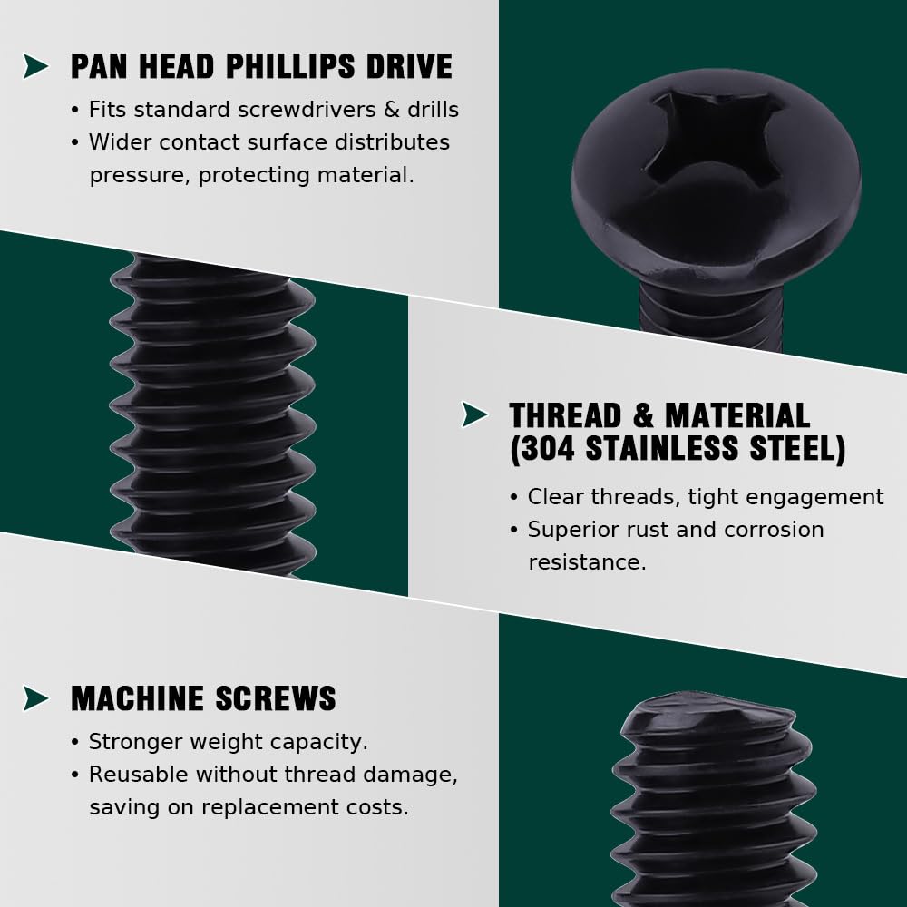 #10-32 x 1 Pan Head Machine Screws Black, Phillips Drive, 304 Stainless Steel 18-8, Black Oxide Coated Finish, Corrosion Resistant Round Head Machine Screws, Full Thread, Coarse Thread, 50 PCS