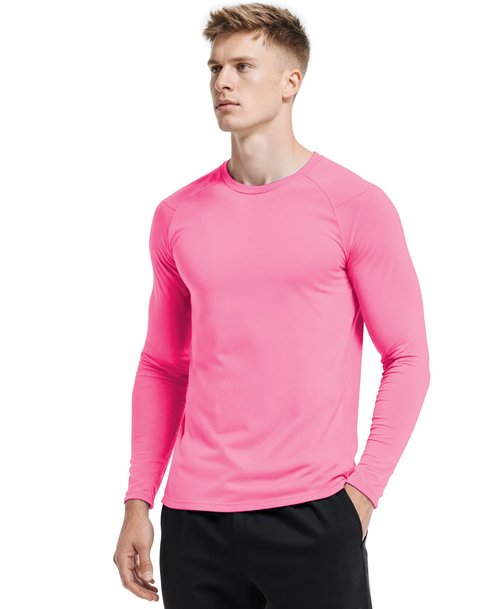 Silenroar Men Long Sleeve Athletic Shirt, Crewneck Running T-Shirts Fitted, Moisture Wicking Base Layer Workout Tee Dry Fit(neon Pink,L)