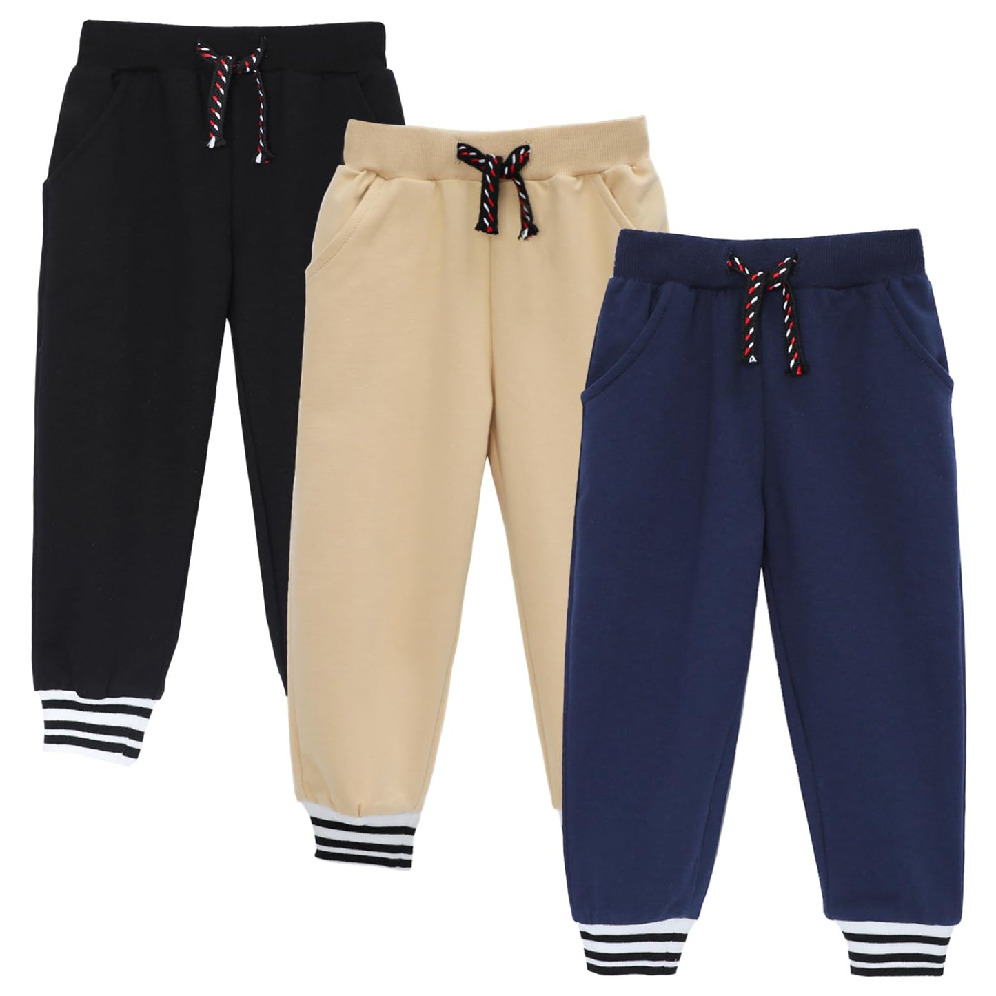 HILEELANG Toddler Boys Cotton Jogger Sweatpants 3 Pack, Black Khaki Navy Blue Soft Elastic Waist Playwear Sport Pants with Pockets, Sizes 2Y