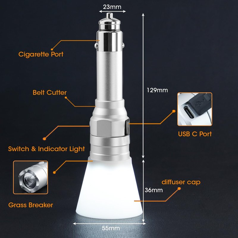 MCCC Small Flashlight Rechargeable with Diffuser 12 Volt Car Cigarette Lighter & USB C Charge for Auto Vehicles Emergency, Car Escape, Outdoors, Daily Use
