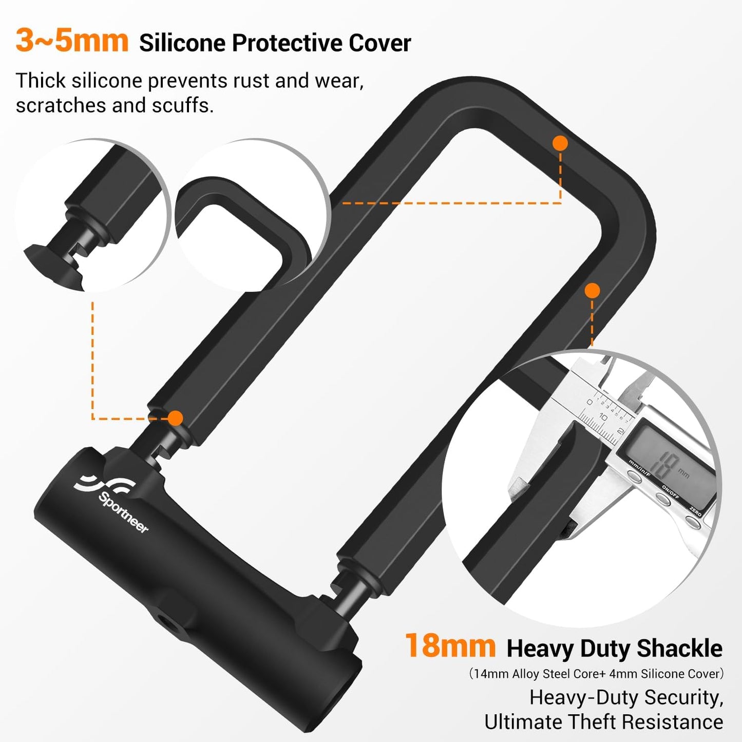 Sportneer Bicycle Lock - 18mm Heavy-Duty Anti-Theft U Lock with 5ft Security Cable & 3 Keys | Fits Road & Mountain Bikes, Size 8.58'' x 4.85''